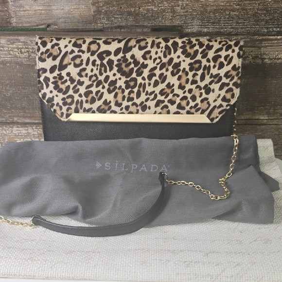 Silpada Handbags - Silpada Black and Leopard Print Clutch With Gold Chain & Dust Bag, NWOT, Leather